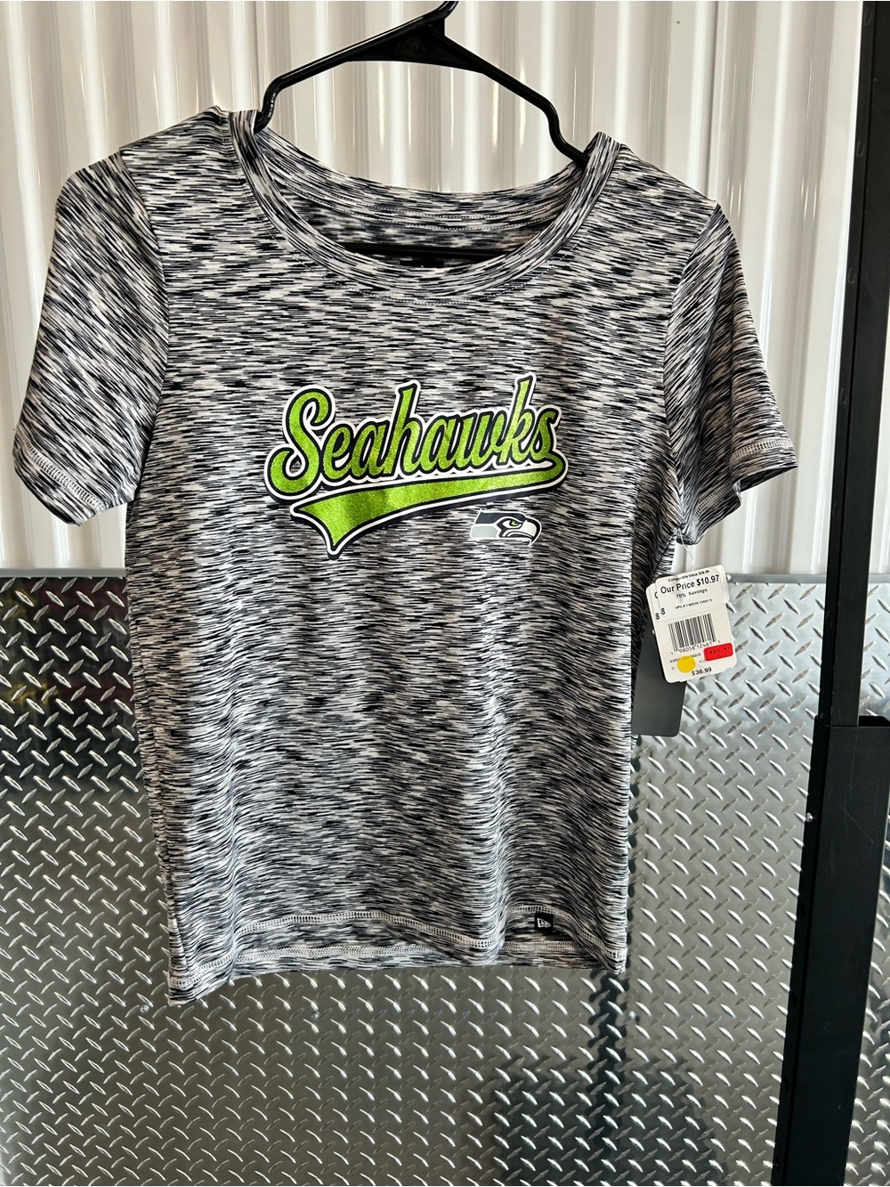 Womens Grey Space-Dye Tee with Neon Green Logo Seahawks tee
